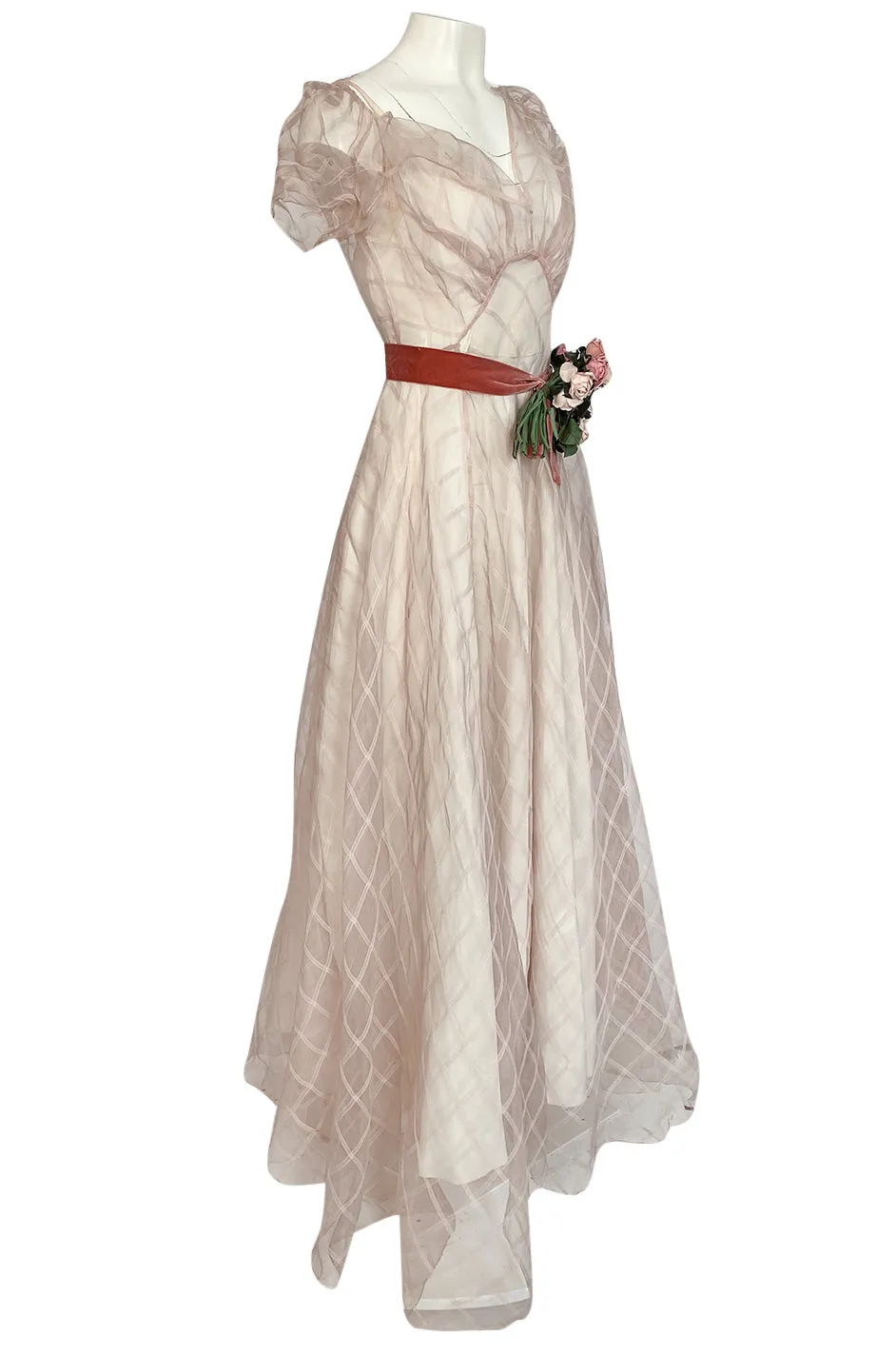 1930s Unlabeled Deep Blush Silk Ribbon Organza Dress w Slip & Floral Belt