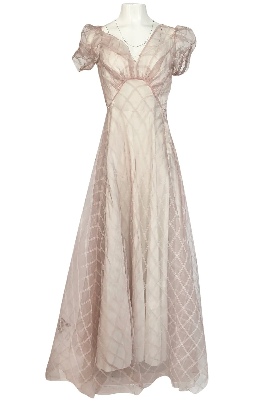 1930s Unlabeled Deep Blush Silk Ribbon Organza Dress w Slip & Floral Belt