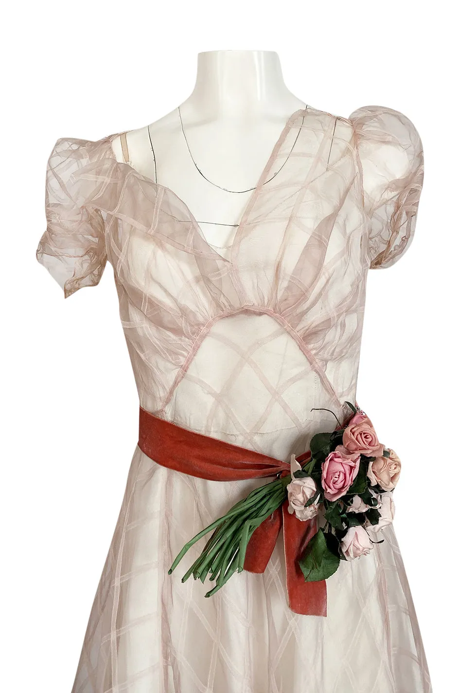 1930s Unlabeled Deep Blush Silk Ribbon Organza Dress w Slip & Floral Belt