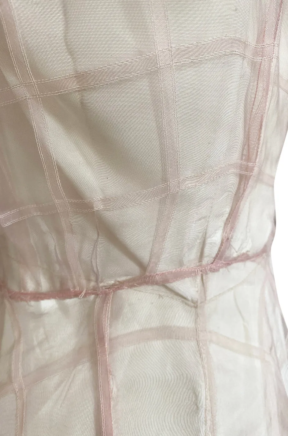 1930s Unlabeled Deep Blush Silk Ribbon Organza Dress w Slip & Floral Belt