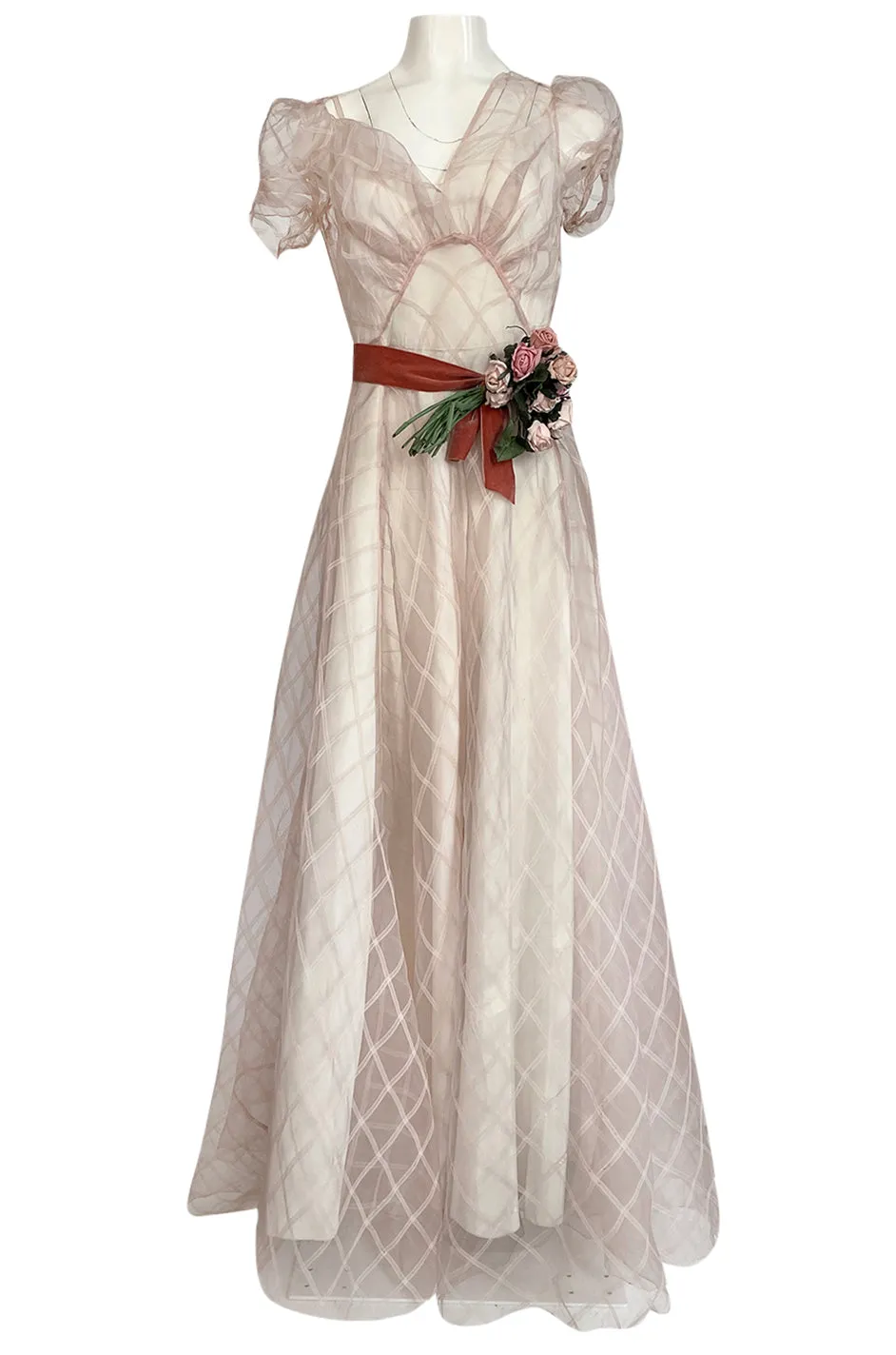 1930s Unlabeled Deep Blush Silk Ribbon Organza Dress w Slip & Floral Belt