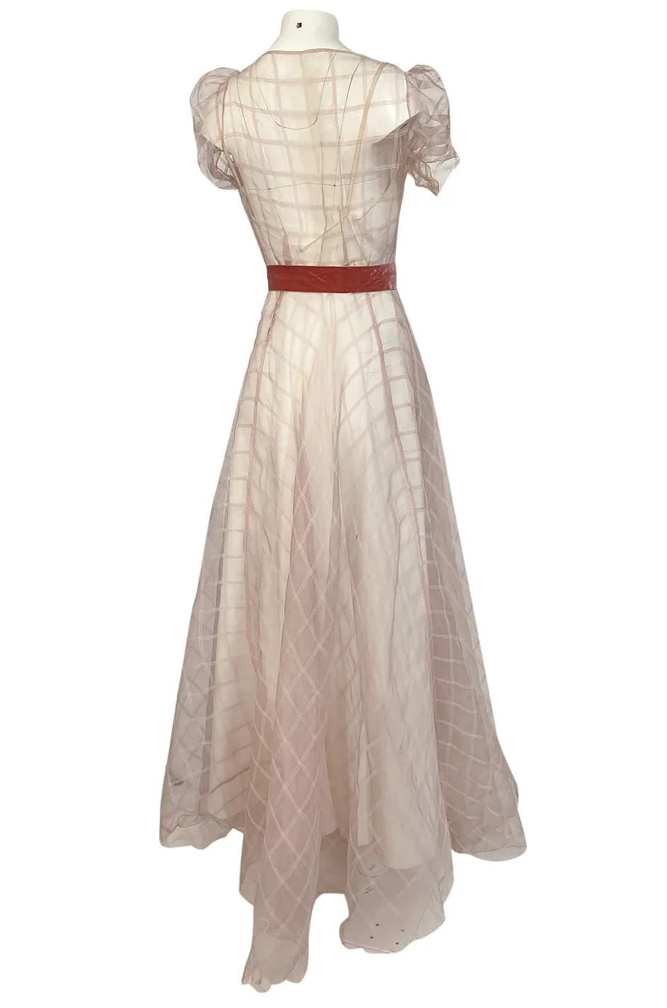 1930s Unlabeled Deep Blush Silk Ribbon Organza Dress w Slip & Floral Belt