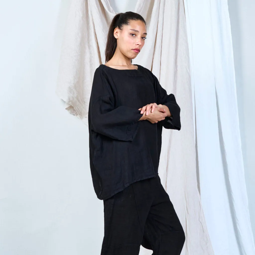 Asymmetrical linen top with batwing sleeves wholesale