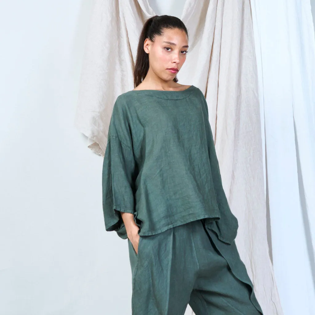 Asymmetrical linen top with batwing sleeves wholesale