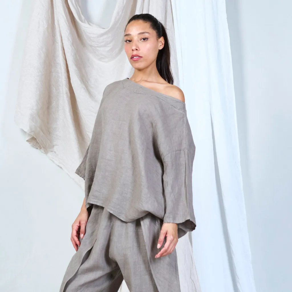 Asymmetrical linen top with batwing sleeves wholesale