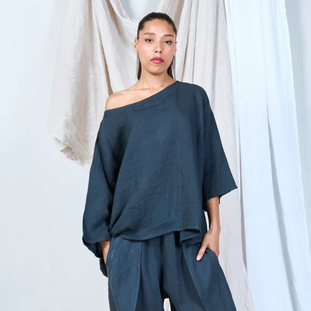 Asymmetrical linen top with batwing sleeves wholesale