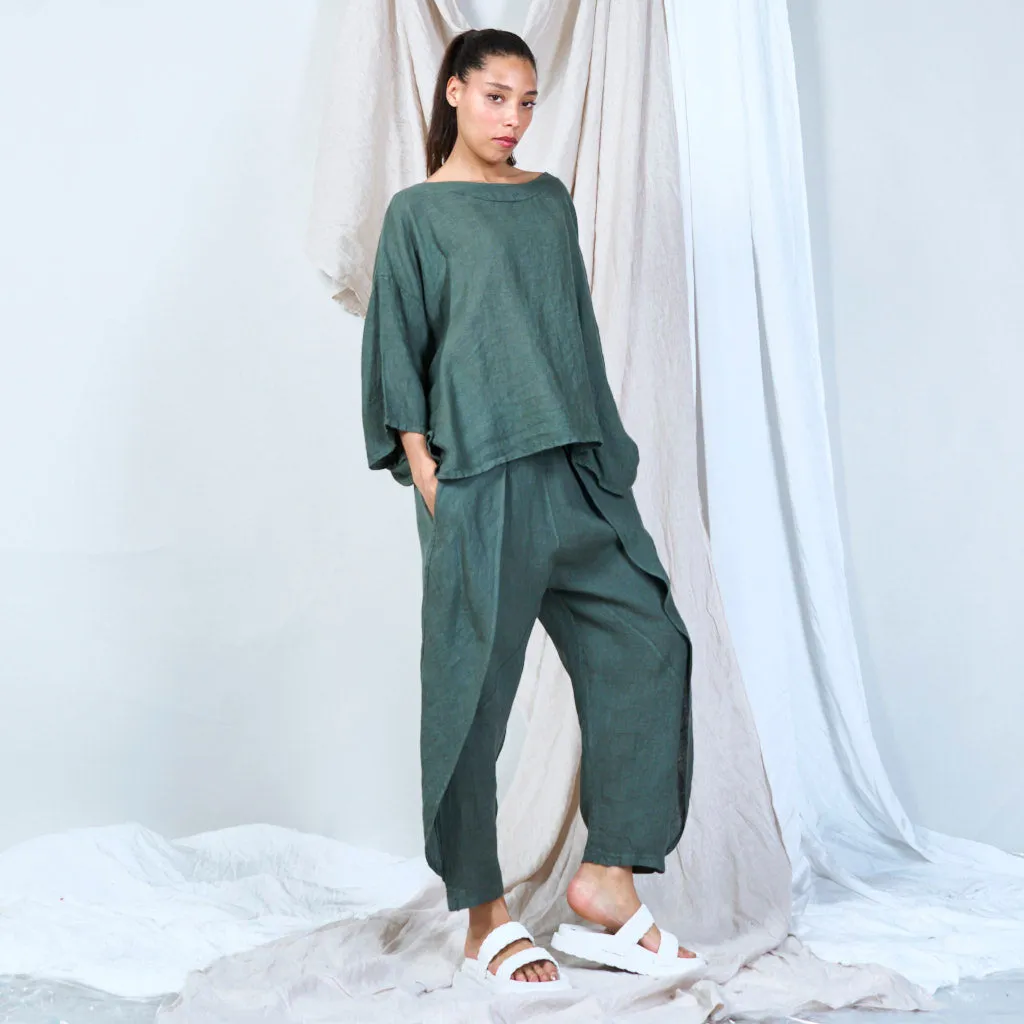 Asymmetrical linen top with batwing sleeves wholesale