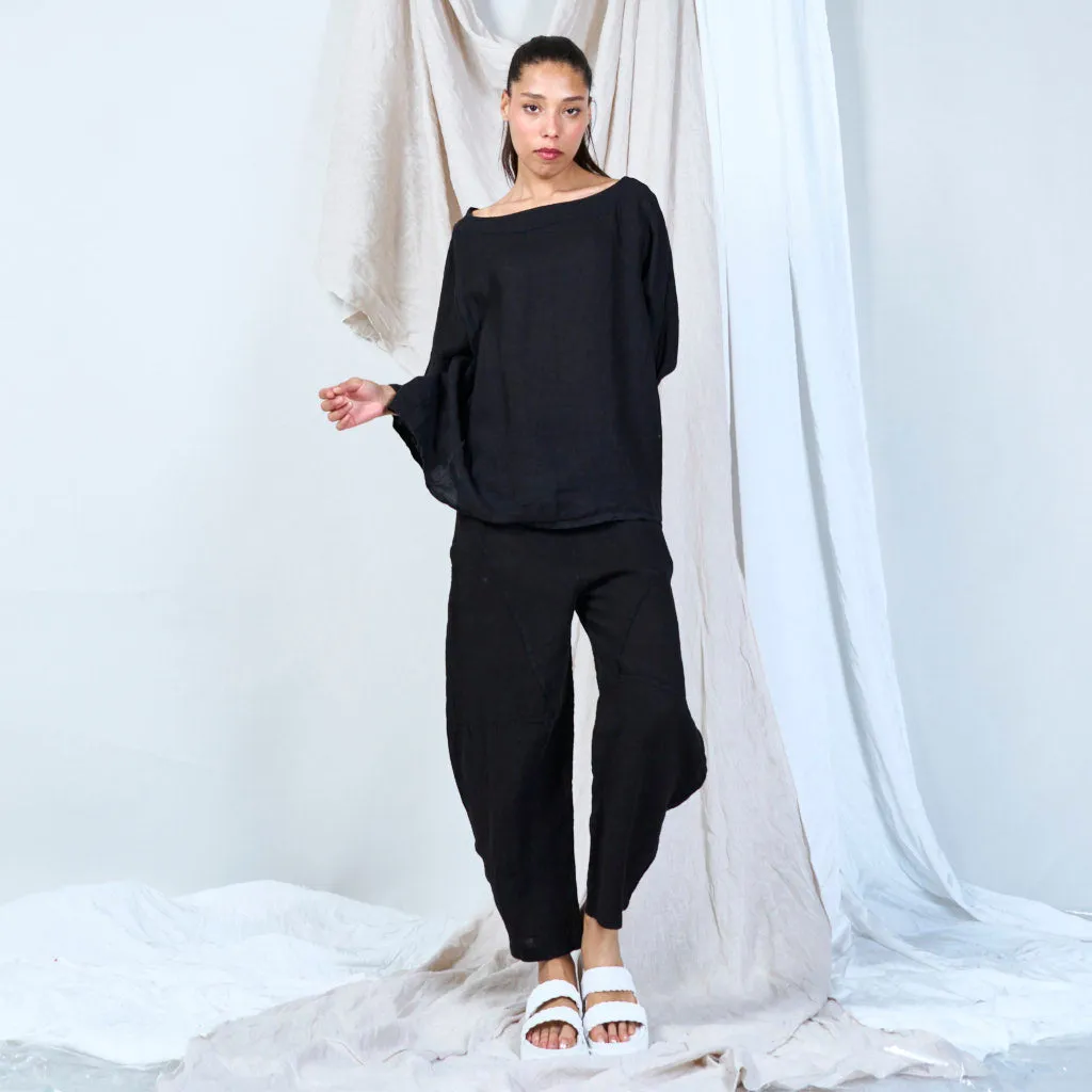 Asymmetrical linen top with batwing sleeves wholesale