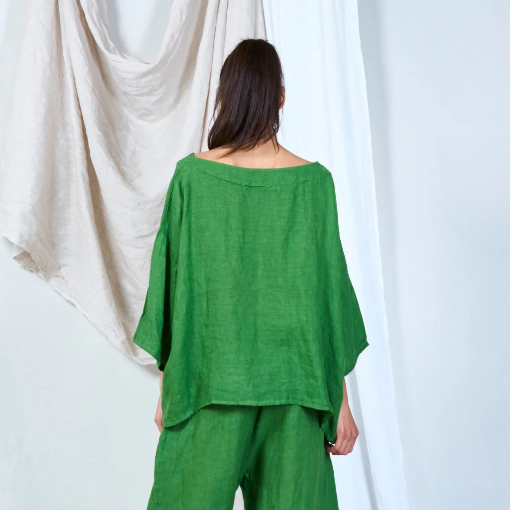 Asymmetrical linen top with batwing sleeves wholesale