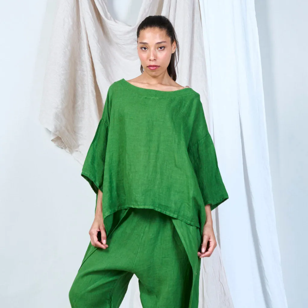 Asymmetrical linen top with batwing sleeves wholesale