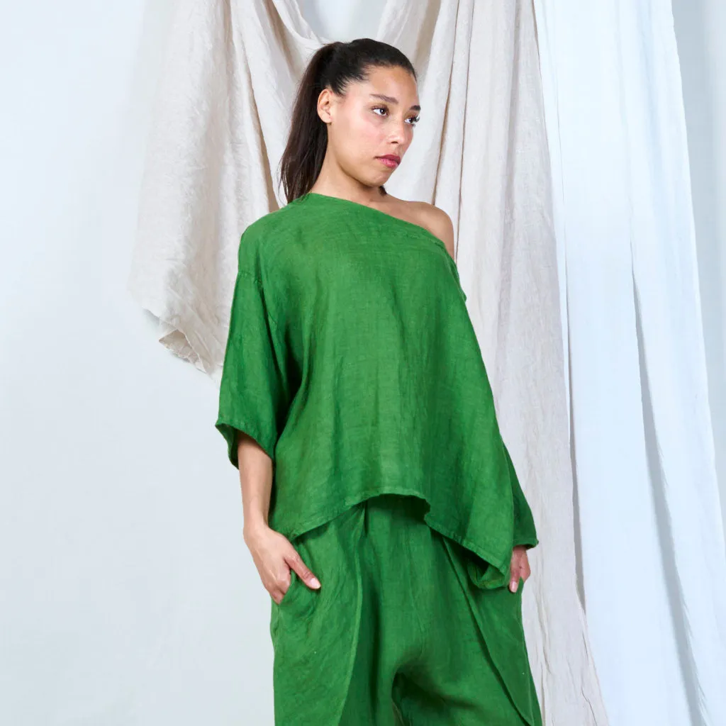 Asymmetrical linen top with batwing sleeves wholesale