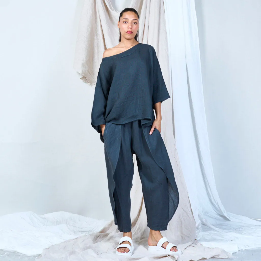 Asymmetrical linen top with batwing sleeves wholesale