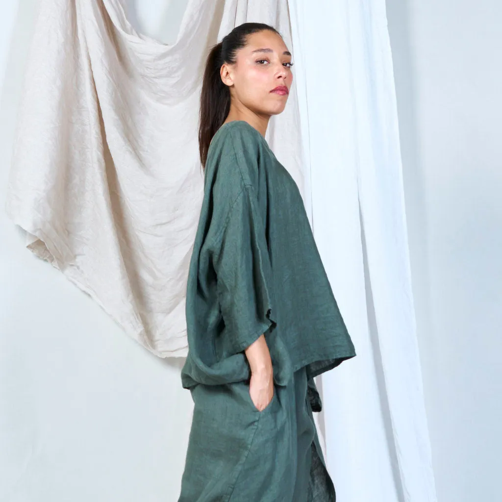 Asymmetrical linen top with batwing sleeves wholesale