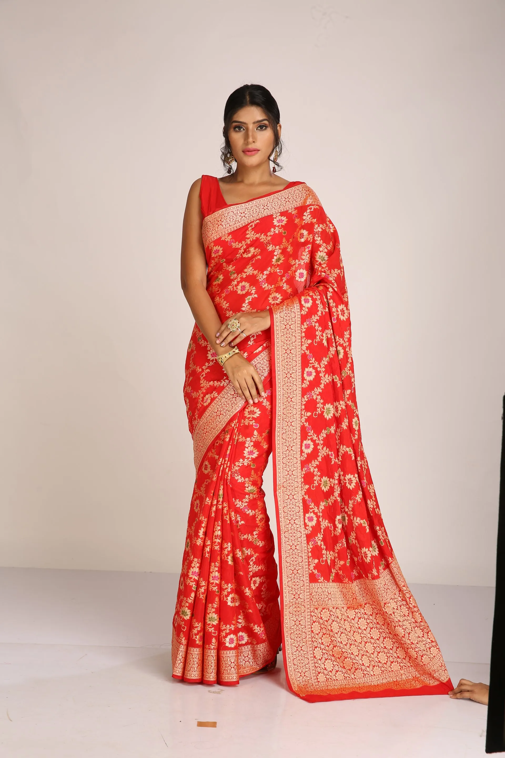 Banarasi Saree in Red With Gold