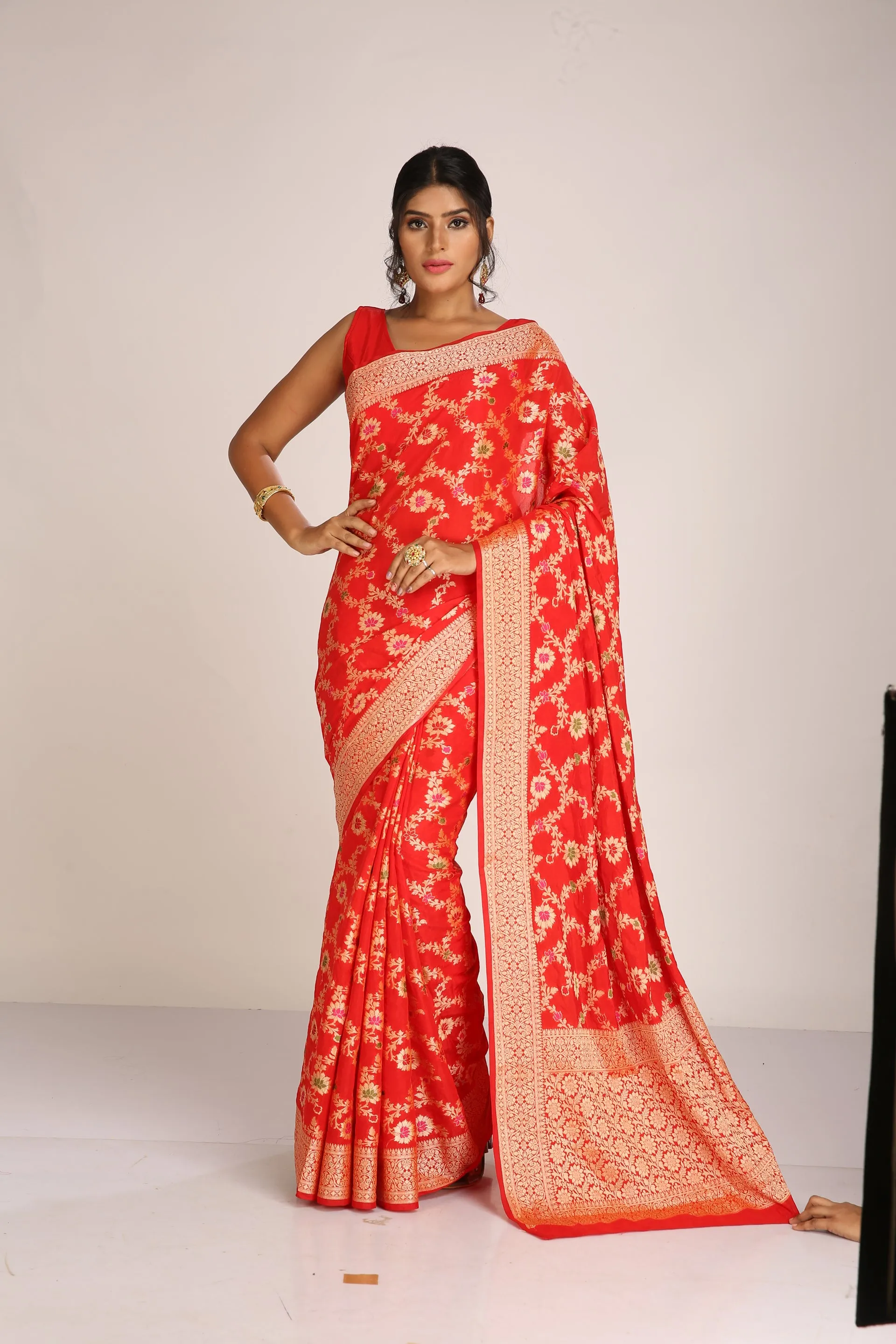 Banarasi Saree in Red With Gold