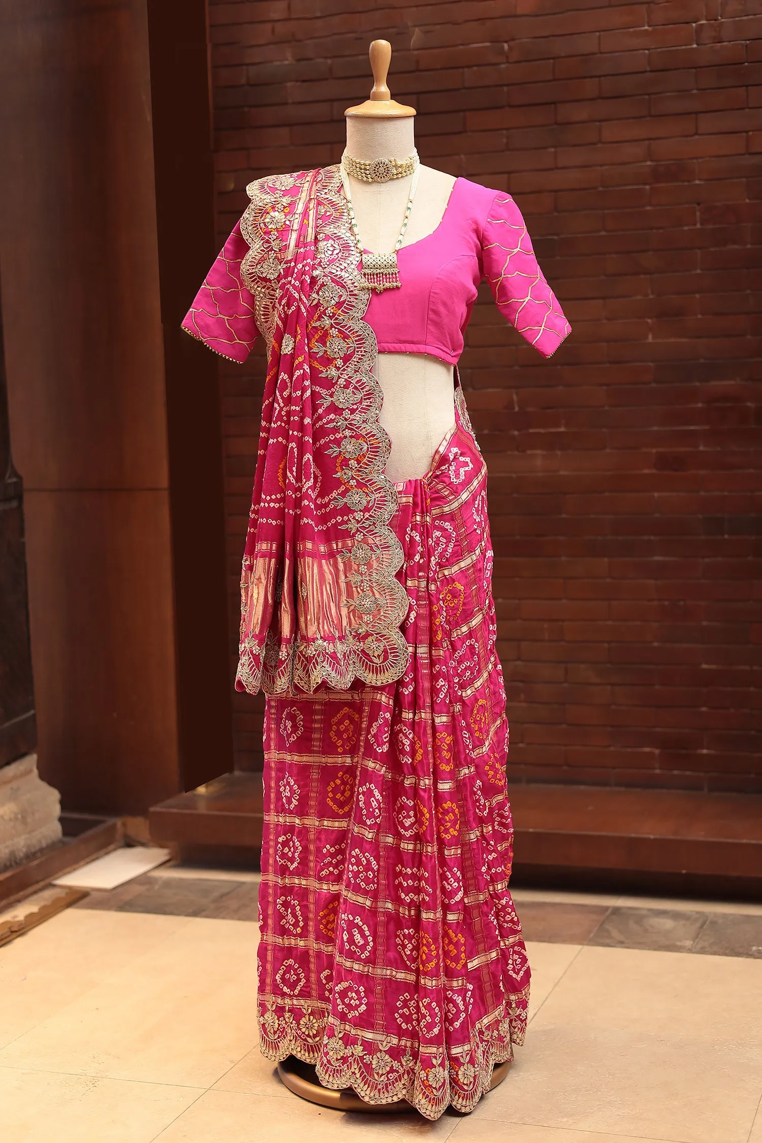 Bandhej Gajji Silk Saree Embroidered with Gota Patti and Zardozi work