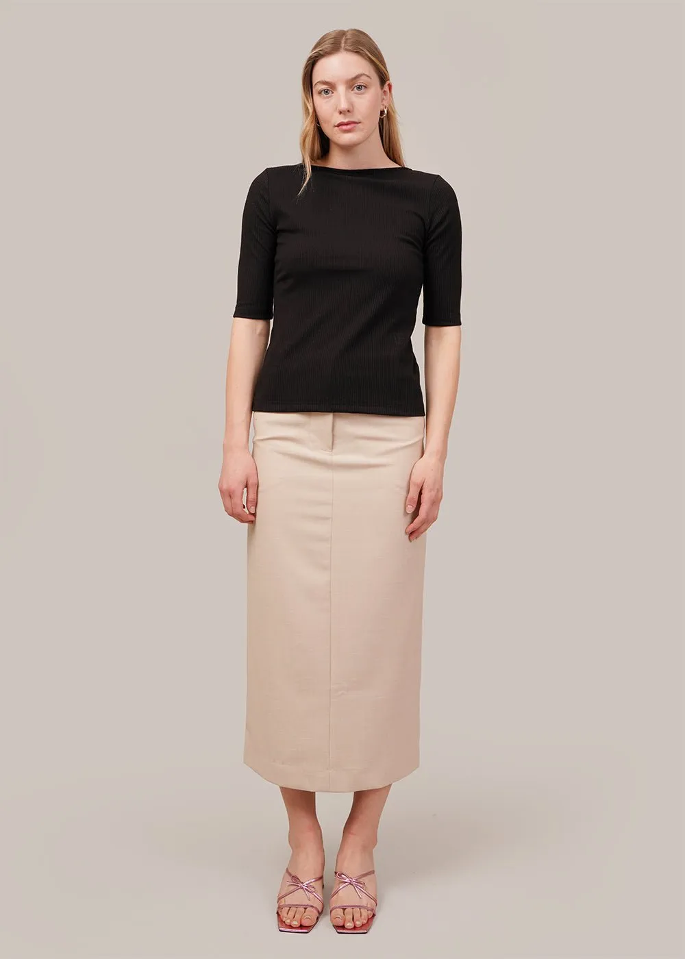 Beige Split Back Midi Skirt