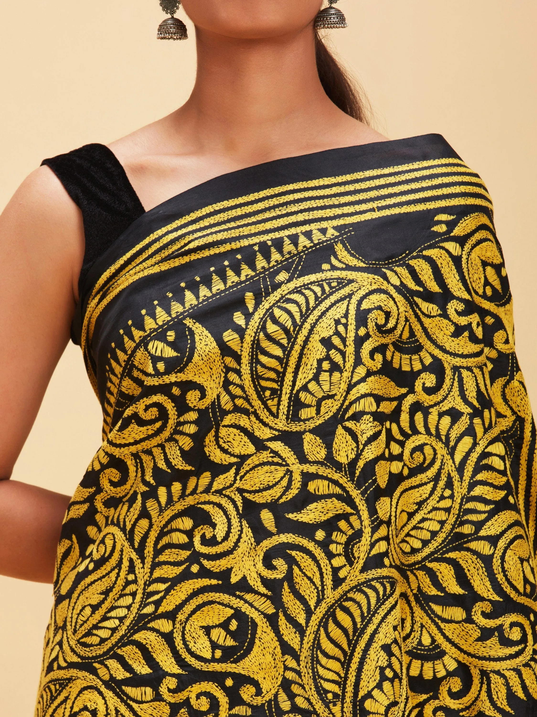 Black and Yellow Kantha Stitch Saree