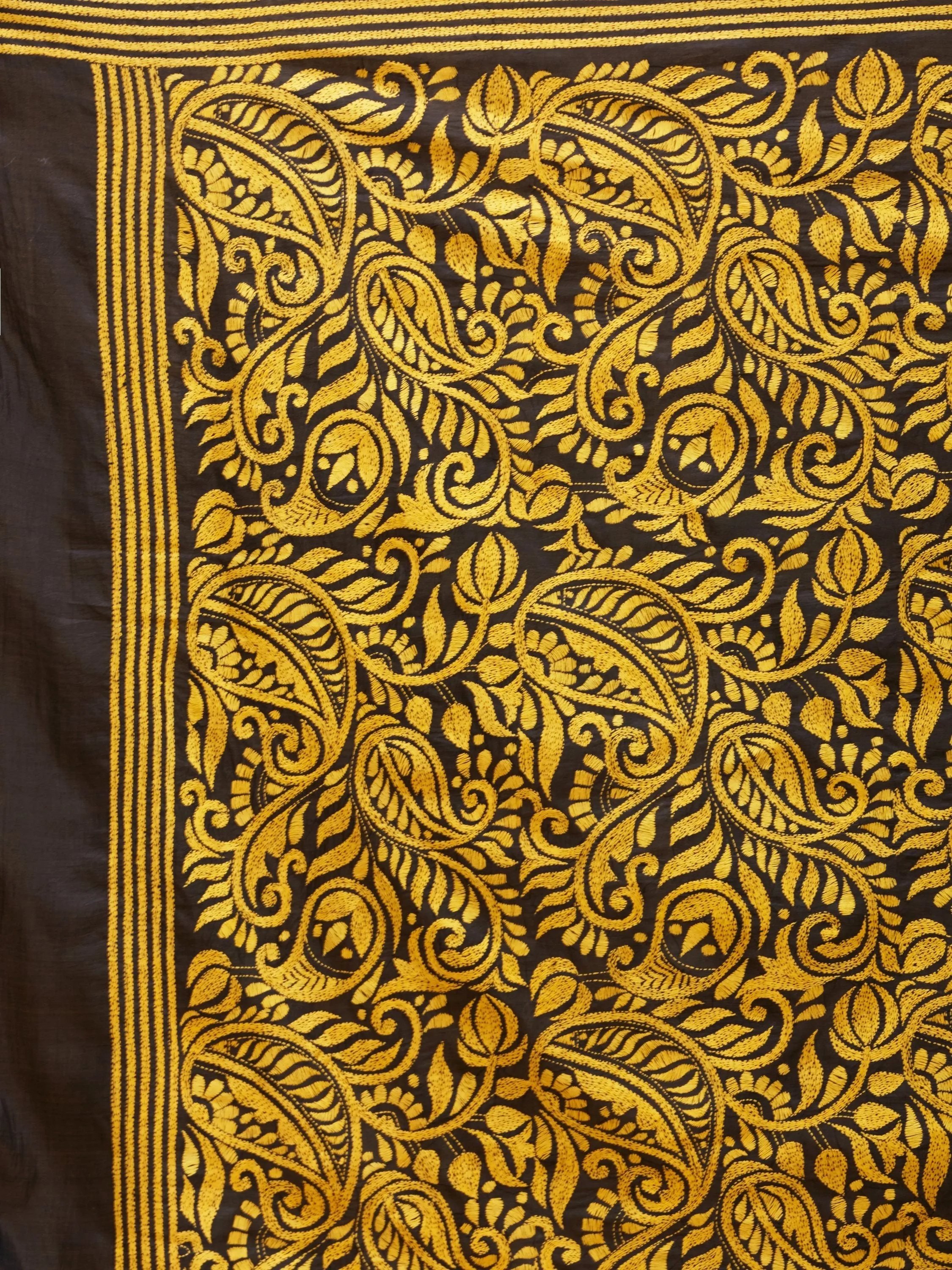 Black and Yellow Kantha Stitch Saree