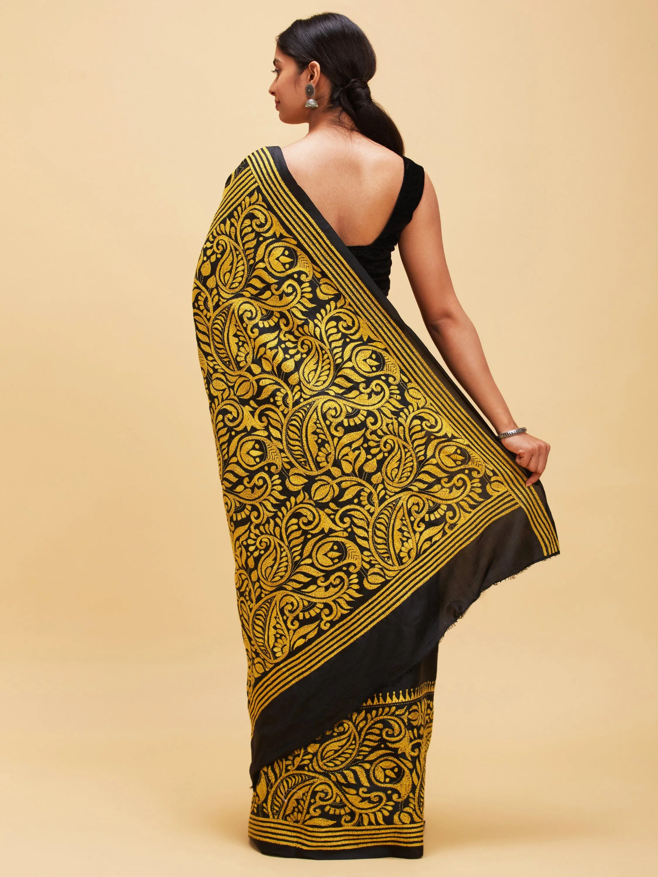 Black and Yellow Kantha Stitch Saree