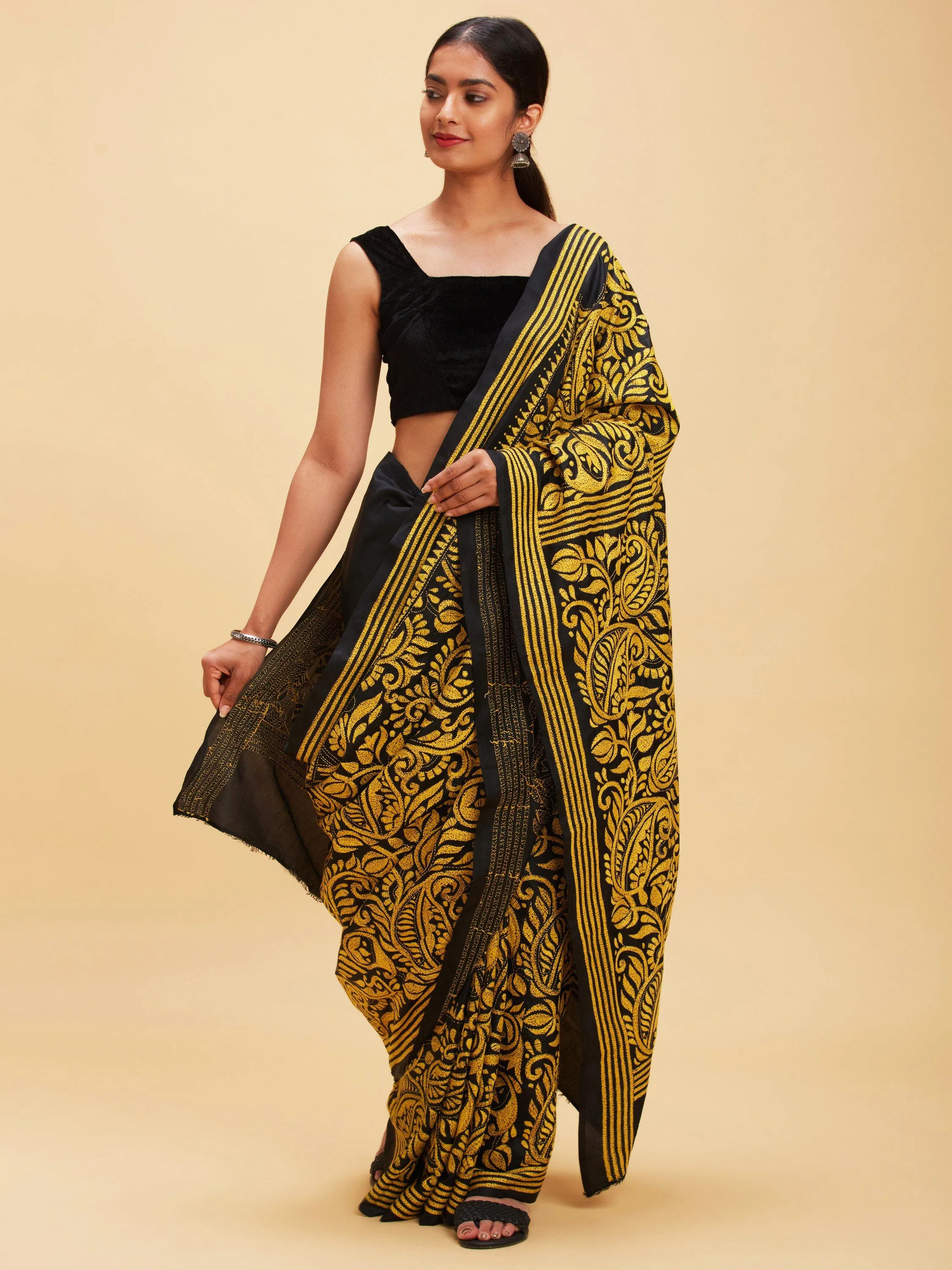 Black and Yellow Kantha Stitch Saree