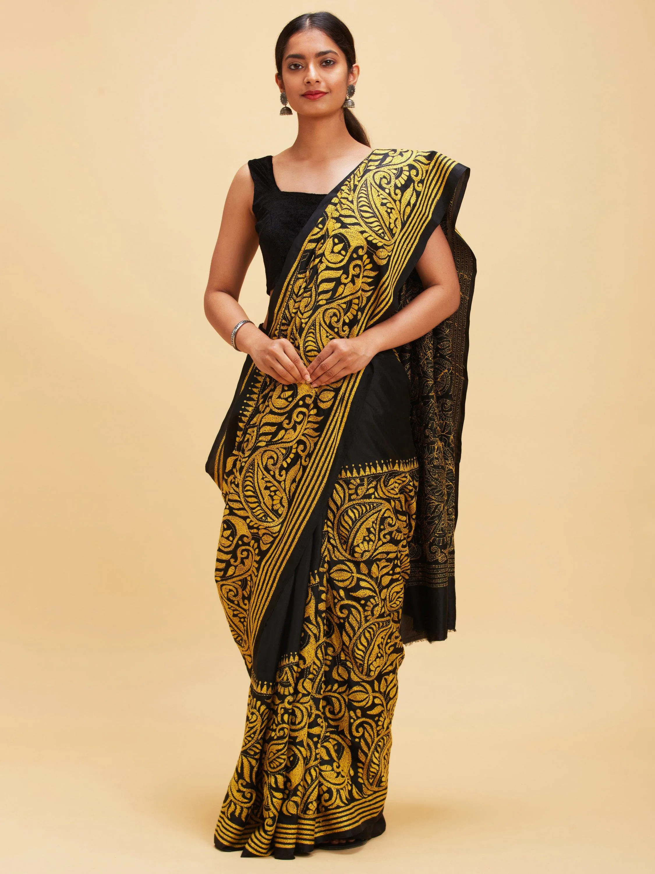 Black and Yellow Kantha Stitch Saree