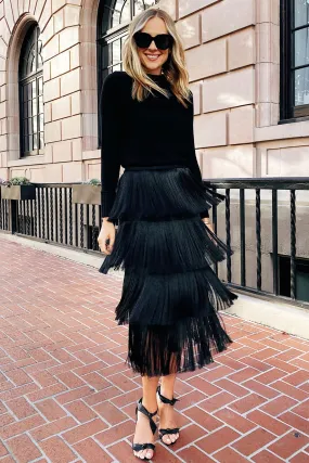 Black High Waisted Midi Fringe Skirt