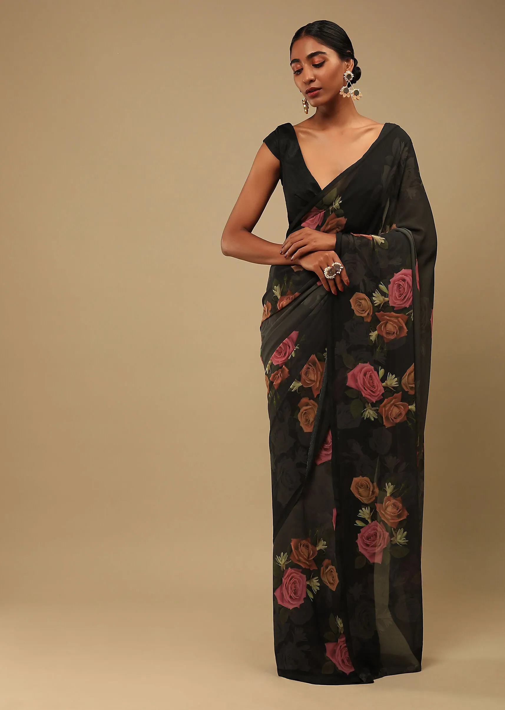 Black Rose Print Saree