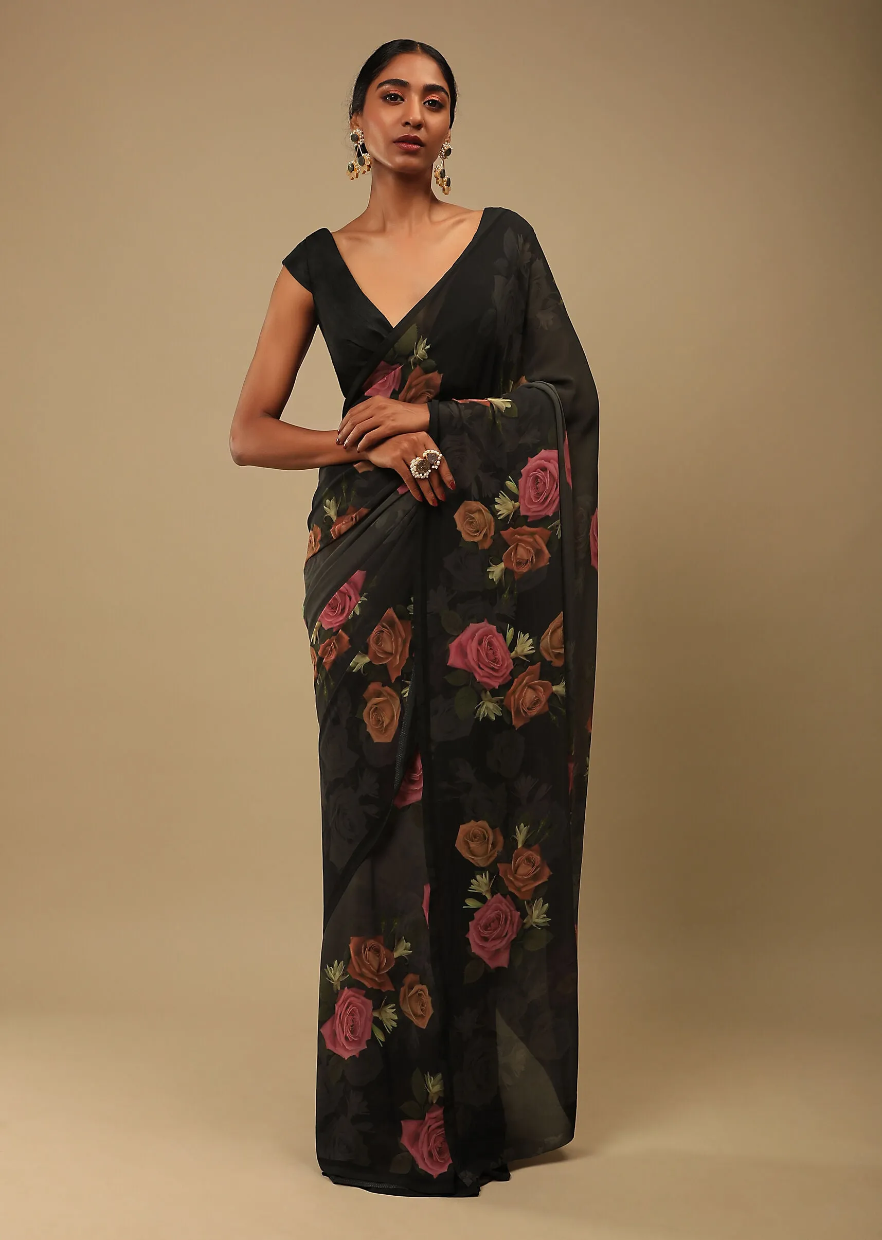 Black Rose Print Saree