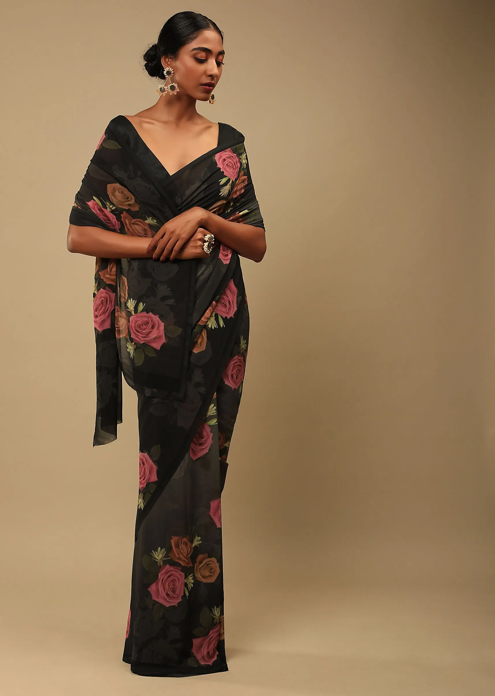 Black Rose Print Saree