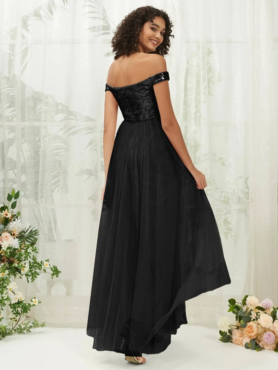 Black Sequin Tulle Off-Shoulder Maxi Flowy Bridesmaid Dress