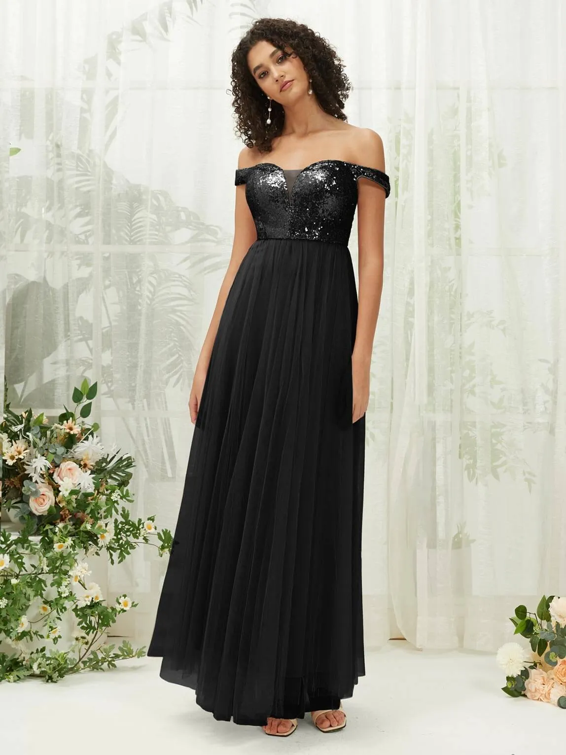 Black Sequin Tulle Off-Shoulder Maxi Flowy Bridesmaid Dress