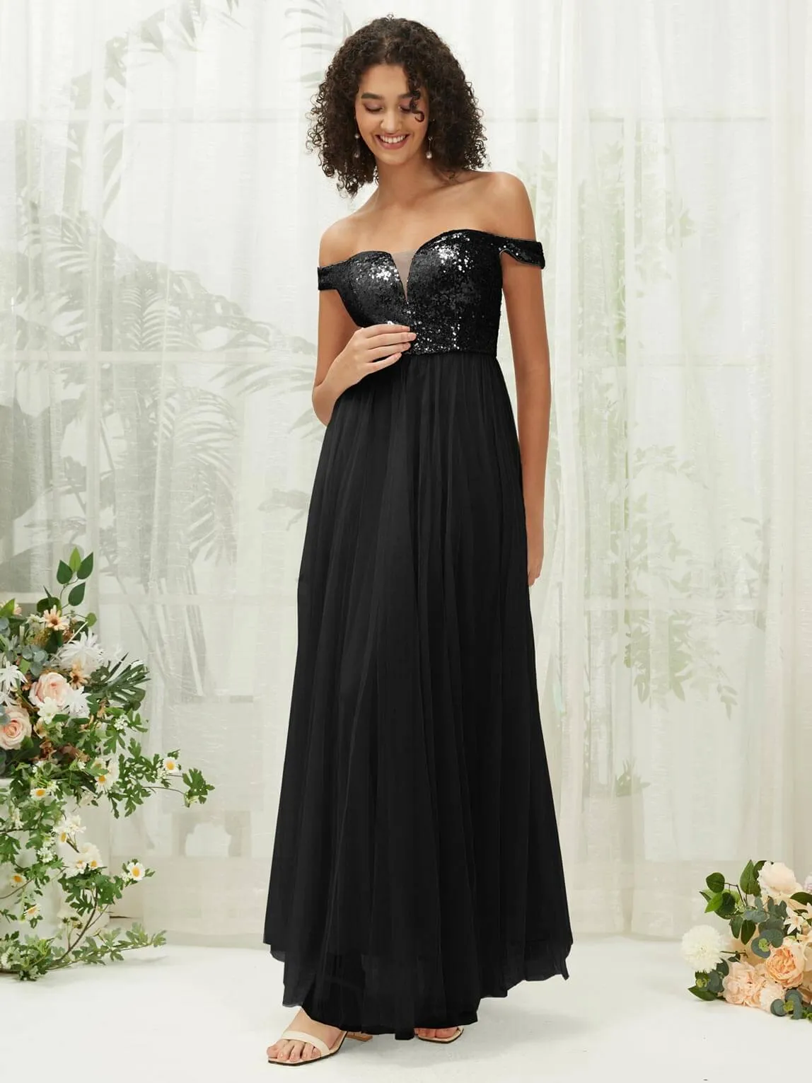 Black Sequin Tulle Off-Shoulder Maxi Flowy Bridesmaid Dress