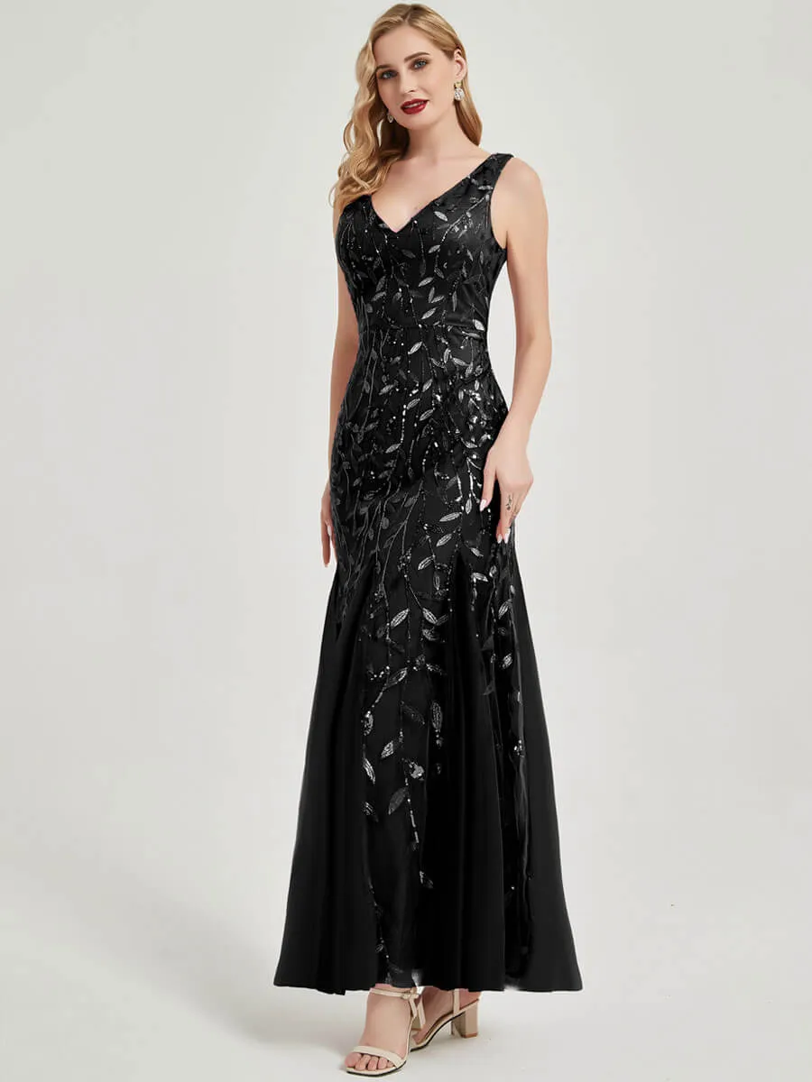 Black Sleeveless V Neck Tulle Sequined Mermaid Formal Evening Dress