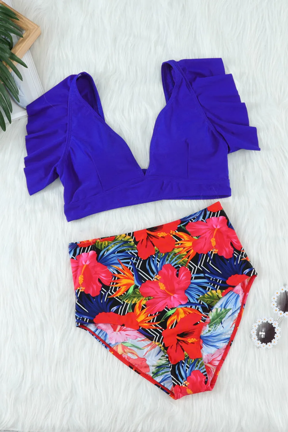 Blue Floral Ruffled Hem High Waist Bikini Set