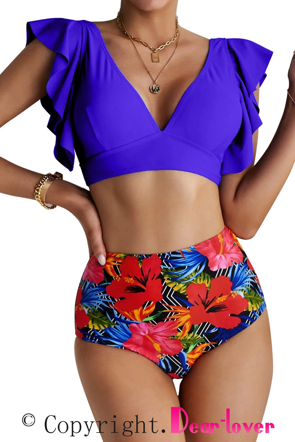 Blue Floral Ruffled Hem High Waist Bikini Set