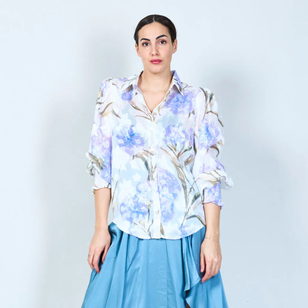 Botanical print semi-sheer blouse wholesale