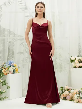 Burgundy Satin Cowl Neck Adjustable Straps Backless Long Bridesmaid Dress