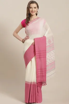 Cream & Pink Cotton Saree