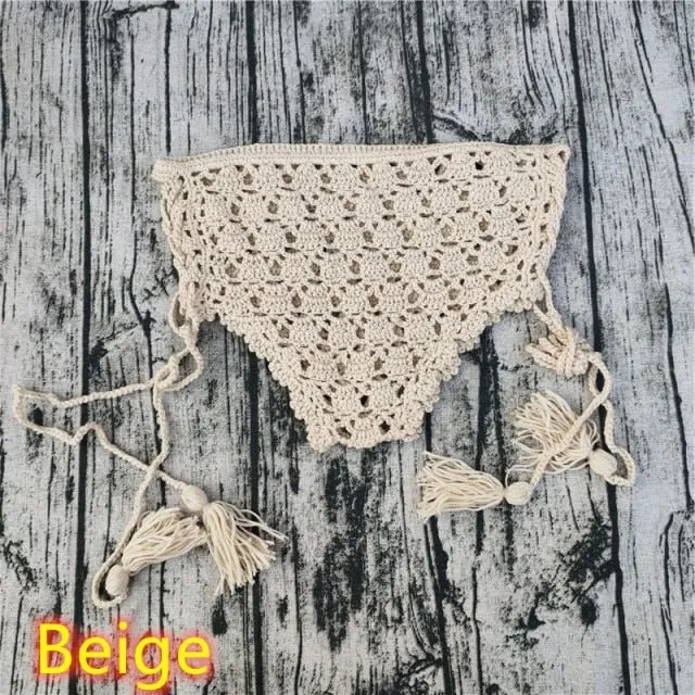 Crochet High Waist Bikini Bottoms With Lace Up Sides 4 Different Colors White Beige Black Or Lake Blue "Candice" Shorts With Boho Tassel Laces Available In Small Medium Or Large