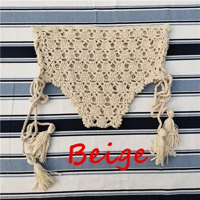 Crochet High Waist Bikini Bottoms With Lace Up Sides 4 Different Colors White Beige Black Or Lake Blue "Candice" Shorts With Boho Tassel Laces Available In Small Medium Or Large