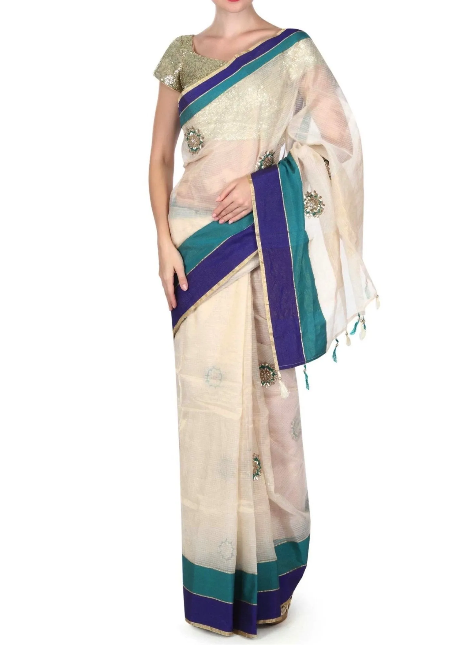 Dewy cream saree with contrast border