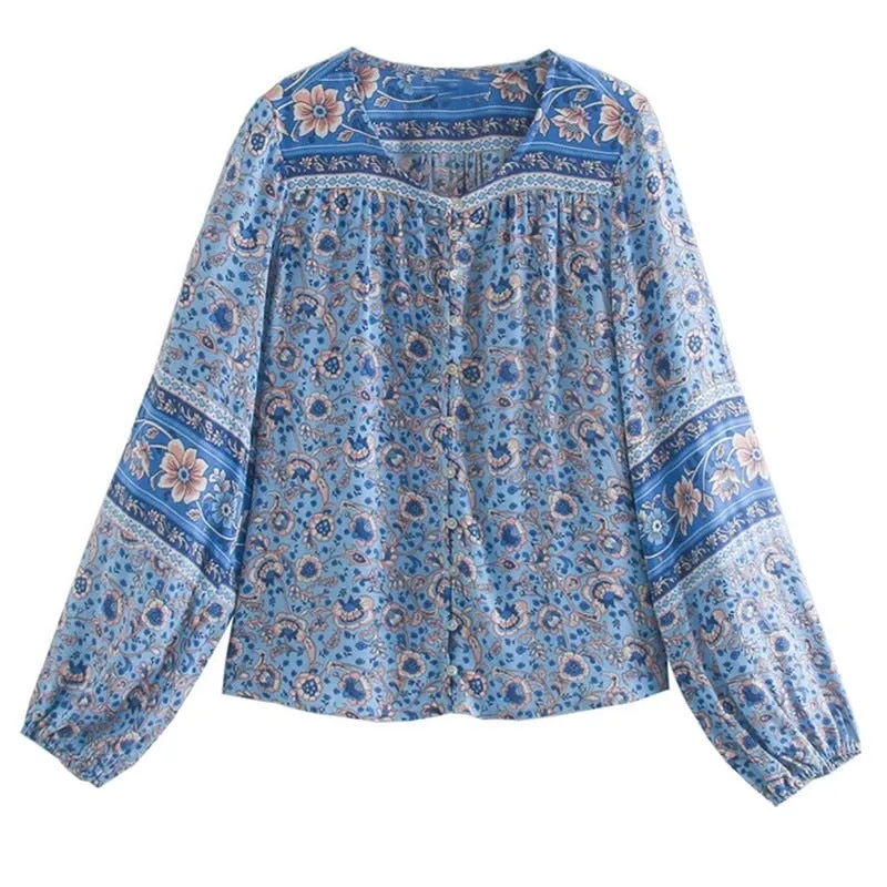 Esmee Peasant Top In Blue Or Orange You Choose Long Sleeve Button Front Bohemian Floral Print Blouse Tie It In Front Or Button It Available In Small Medium Or Large