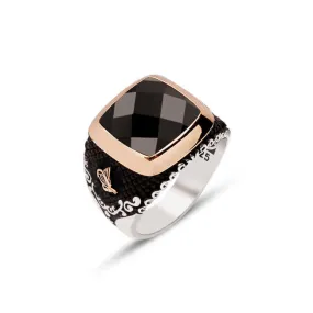 Facet Cut Black Zircon Stone Square Silver Men’s Ring Siding Ottoman Tughra and Branch Pattern