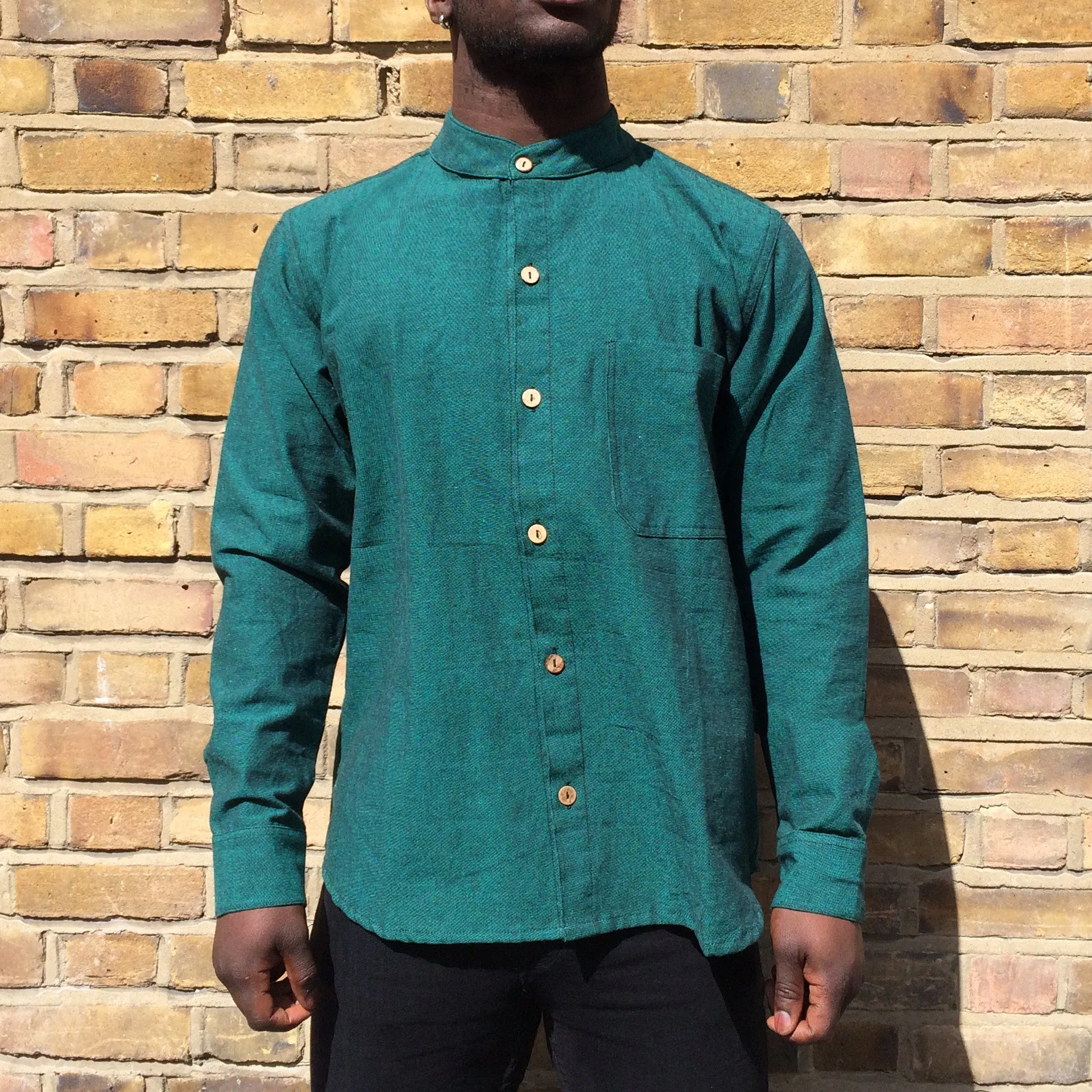 Fair Trade Mandarin Collar Long Sleeve Nepalese Granddad Shirt - Green