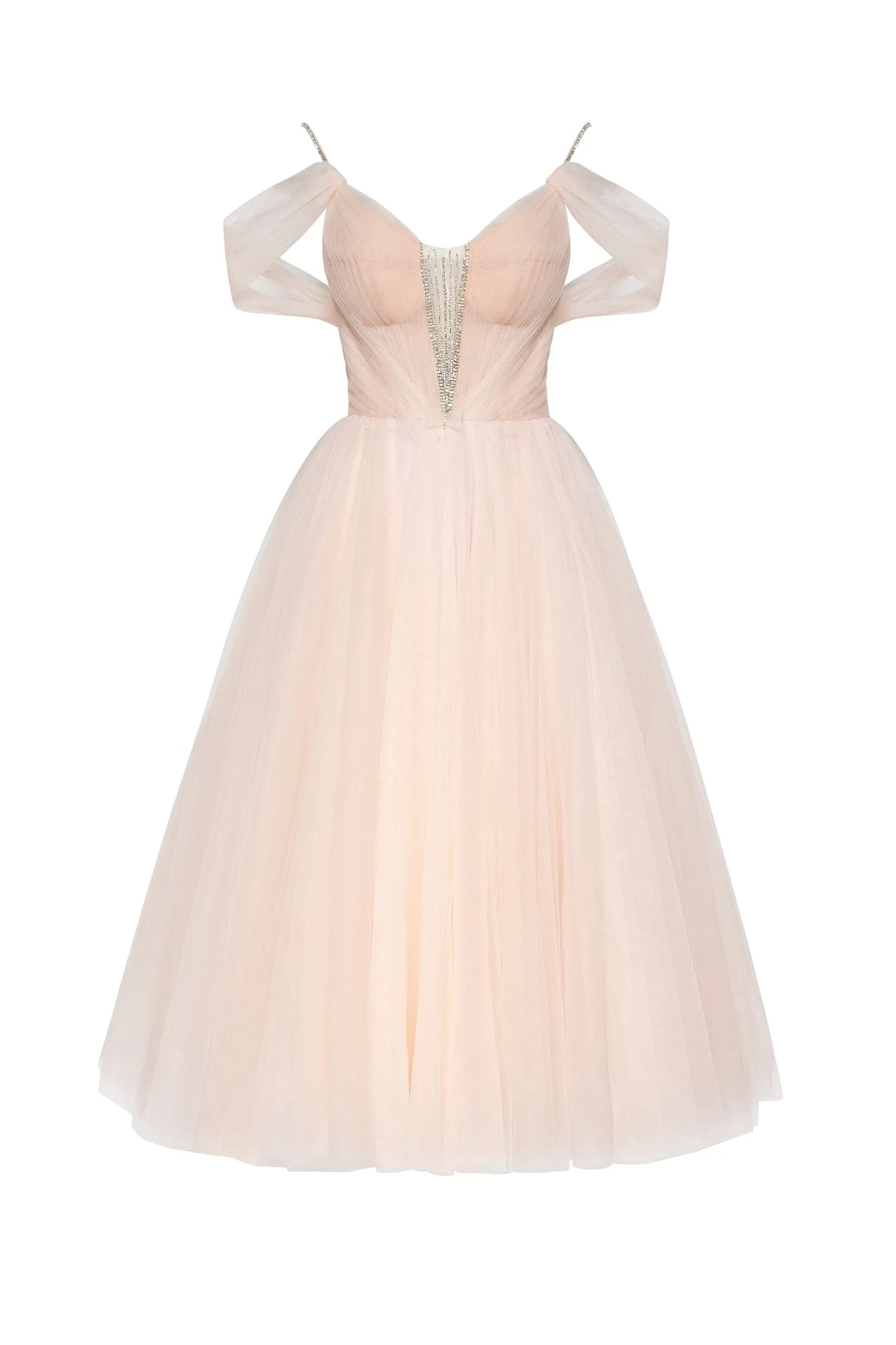 Feminine tulle cocktail dress with the light off-the-shoulder sleeves