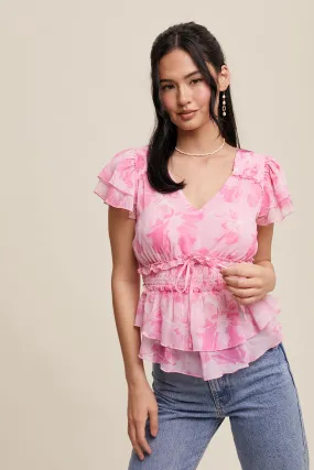 Floral Print V-neck Ruffled Blouse Top