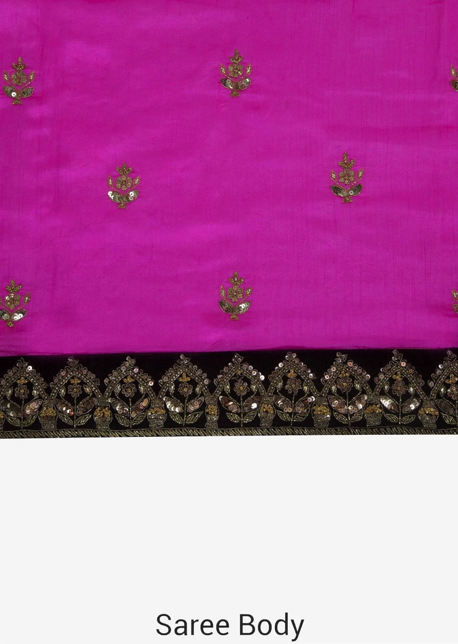 Fuchsia pink saree in silk with chariot motif embroidered border