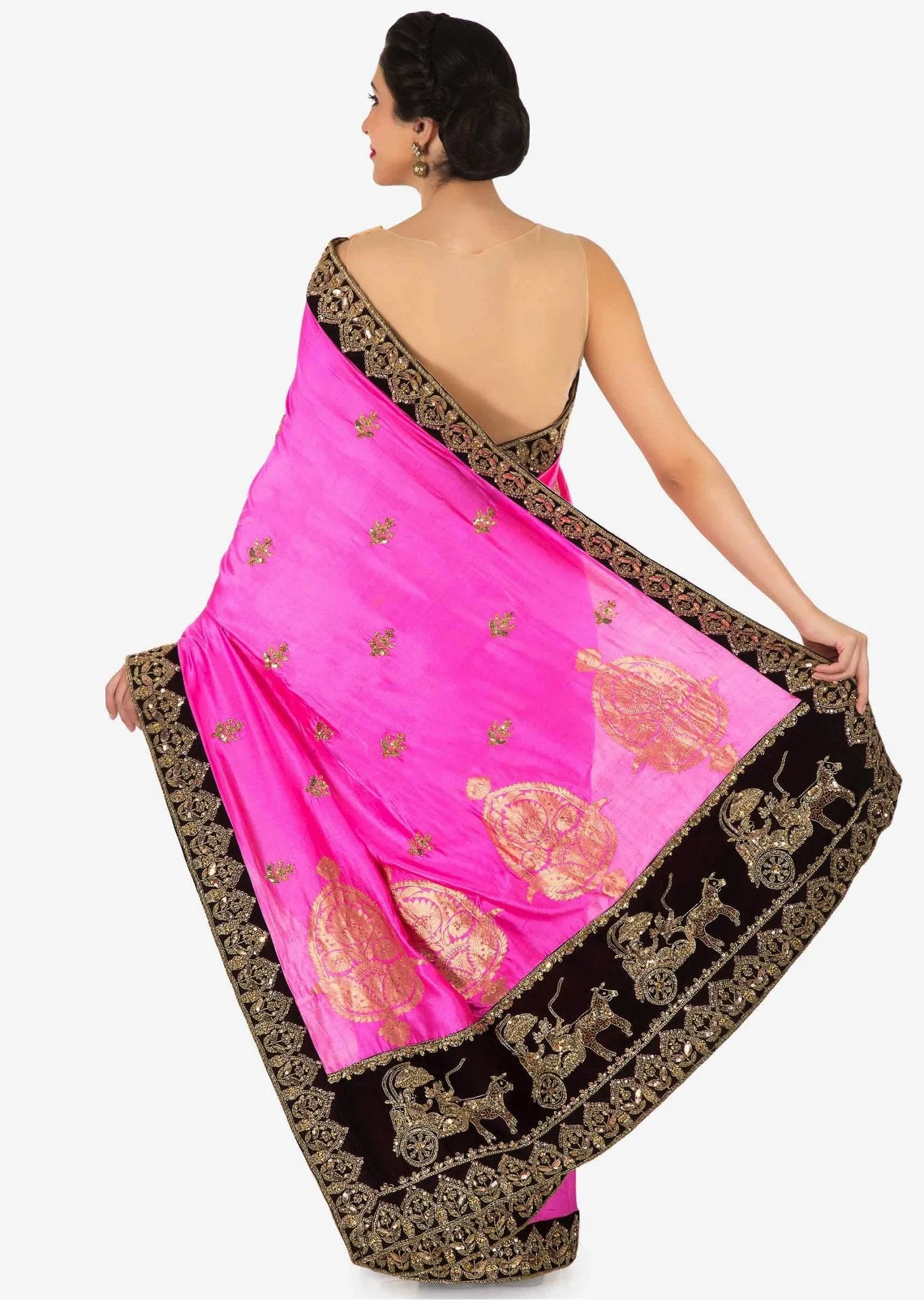 Fuchsia pink saree in silk with chariot motif embroidered border