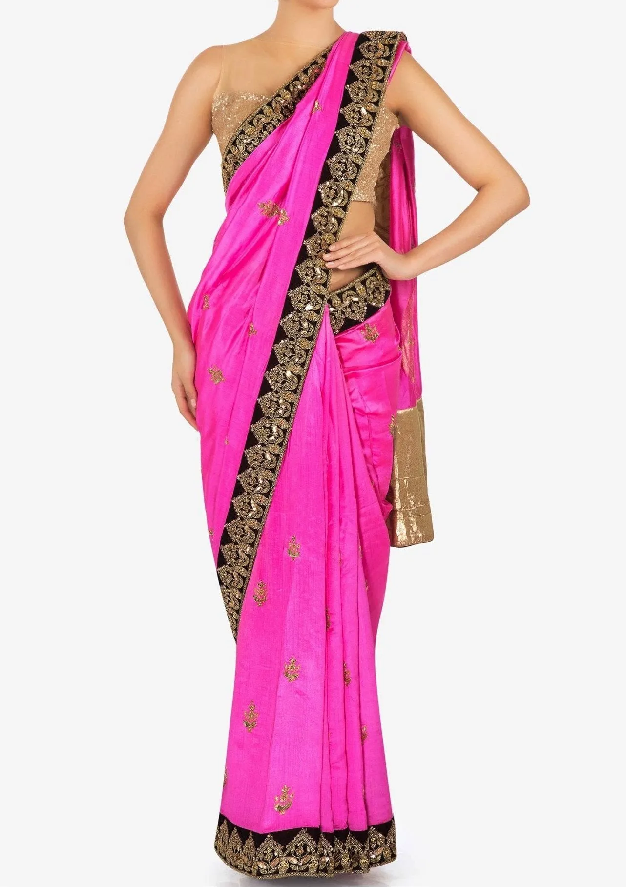 Fuchsia pink saree in silk with chariot motif embroidered border